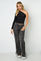 Luna One-Shoulder Glitter Top Black